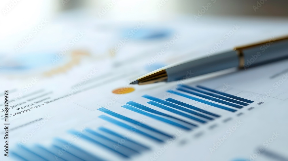 A silver pen lays on a graph showing business data. A silver pen lays on a graph showing business data.