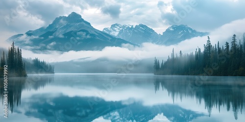 Wallpaper Mural Misty mountain landscape with calm lake, forested shoreline, and foggy reflections under a cloudy sky Torontodigital.ca