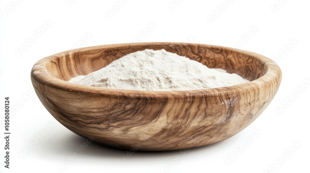 Wooden bowl filled with white flour, creating a simple and rustic food visual, isolated on white background Wooden bowl filled with white flour, creating a simple and rustic food visual, isolated on white background