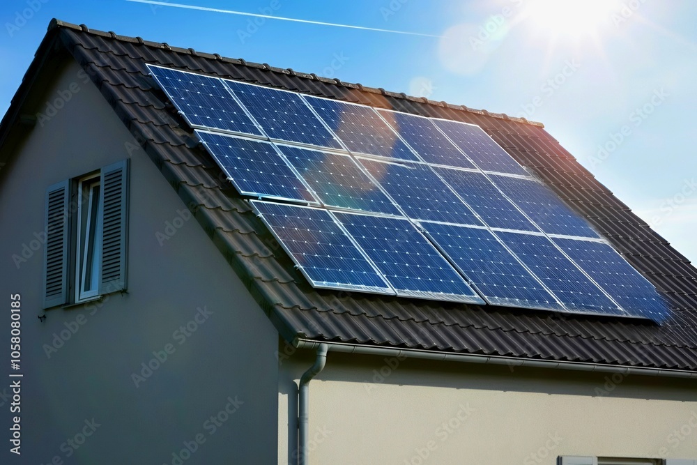 A house roof with solar panels under a bright sun. A house roof with solar panels under a bright sun.