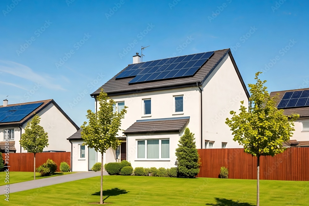 Modern suburban house with solar panels and blue sky.