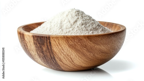 Wooden bowl with a heap of white flour, symbolizing basic cooking ingredients, isolated on white background