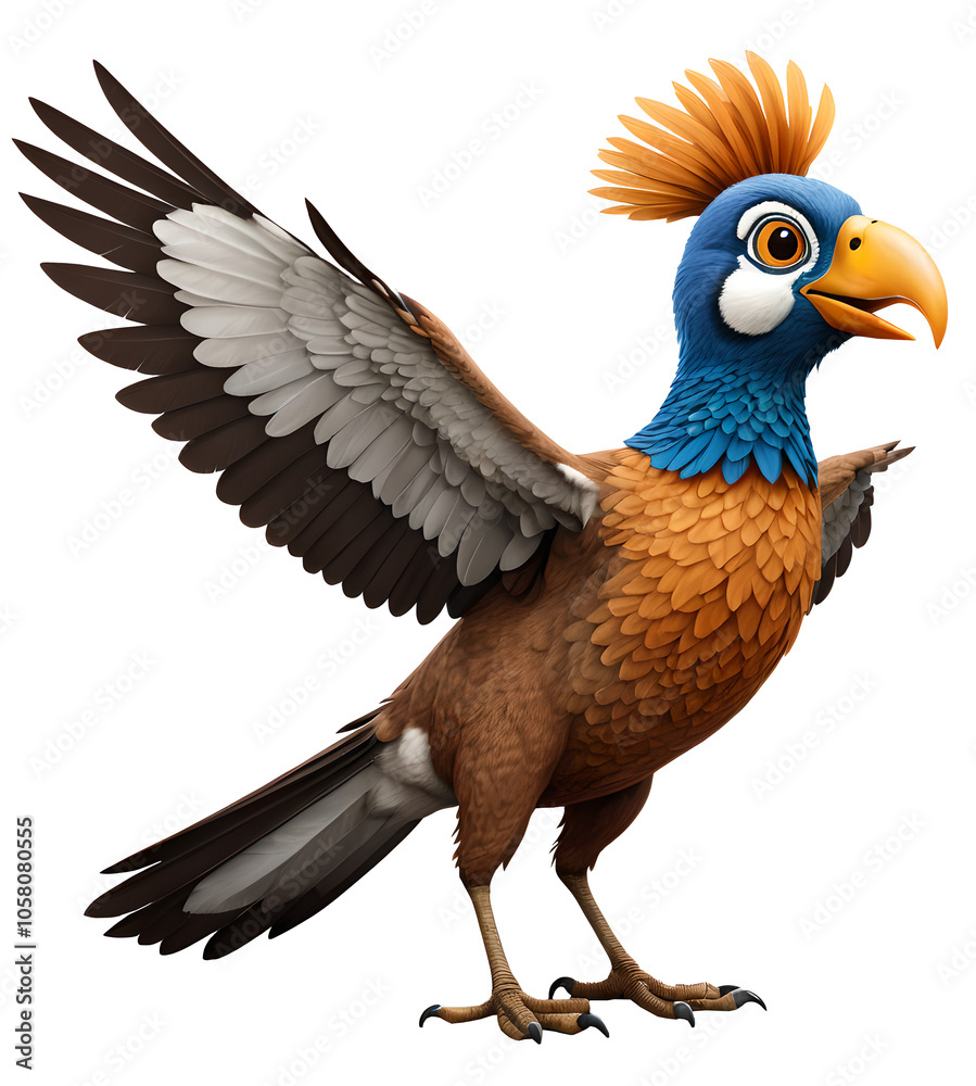 Cartoon drawing representing an African secretary bird, with outstretched wings. Snake killer.