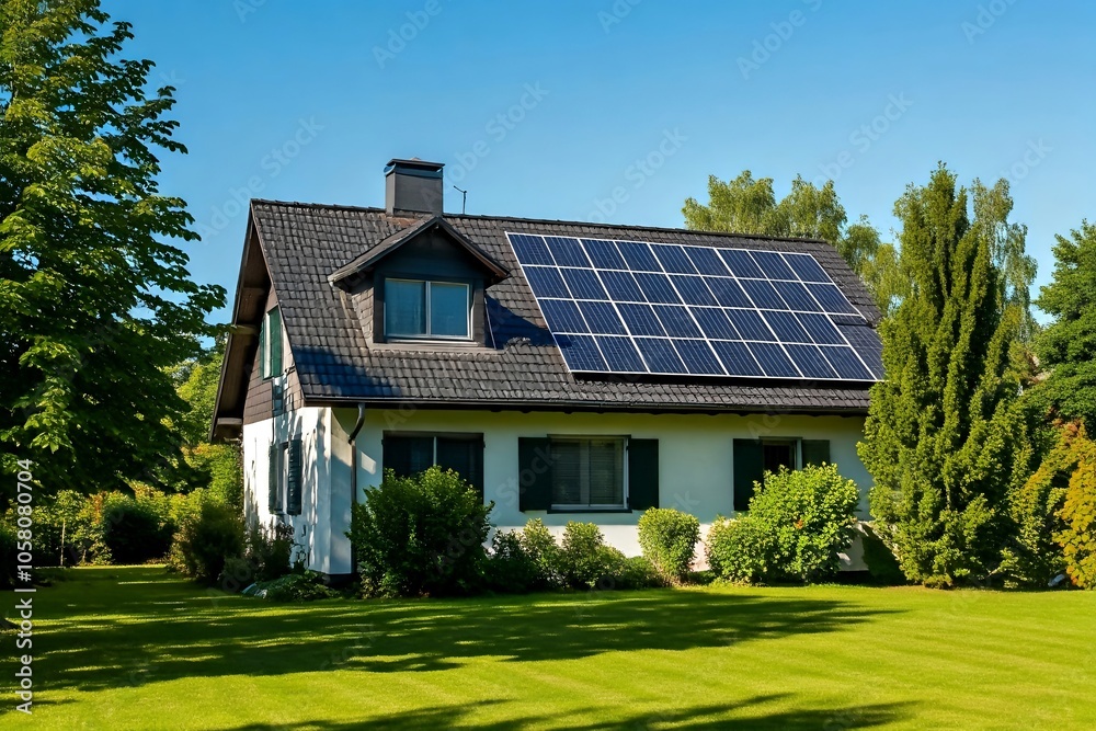 House with solar panels on the roof surrounded by trees and a green lawn. House with solar panels on the roof surrounded by trees and a green lawn.