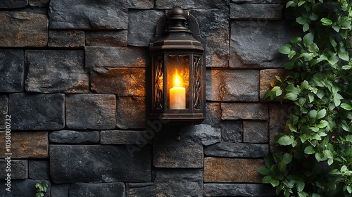 A lit candle inside a lantern mounted on a stone wall with green ivy growing beside it.