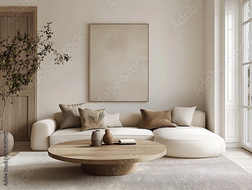 Cozy Modern Living Room with Neutral Tones, Stylish Decor, and Elegant Architecture- generative ai