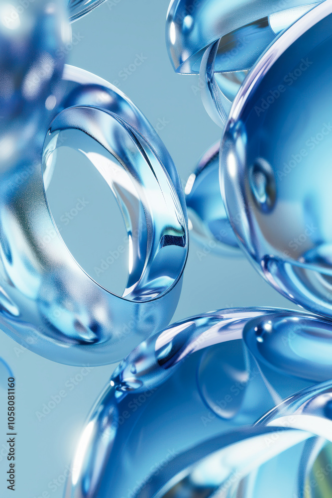 Abstract blue metallic rings floating in air on light background, vertical shot Abstract blue metallic rings floating in air on light background, vertical shot