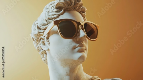 A marble bust of a man wearing sunglasses against a warm background.