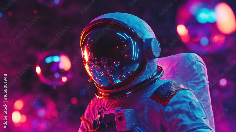 An astronaut in a spacesuit stands amidst a field of glowing orbs, bathed in vibrant neon light. The astronaut's visor reflects the orbs and a futuristic, otherworldly atmosphere. An astronaut in a spacesuit stands amidst a field of glowing orbs, bathed in vibrant neon light. The astronaut's visor reflects the orbs and a futuristic, otherworldly atmosphere.