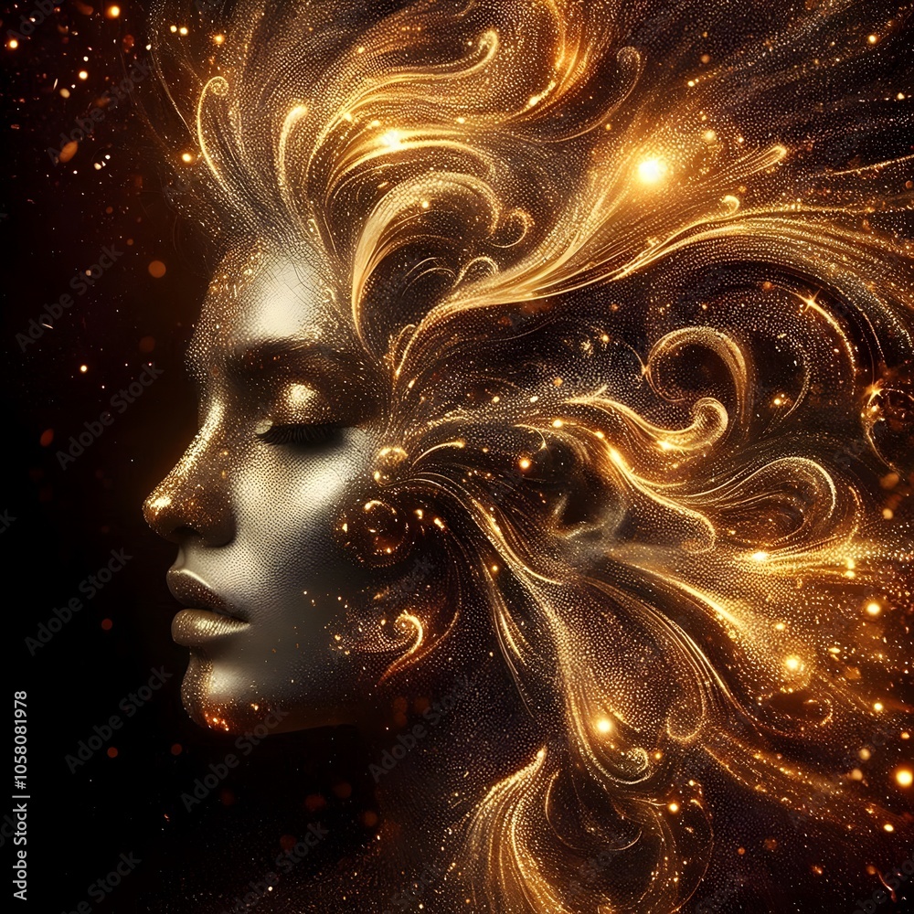 : Golden Gliter fire fume illusion Wave from a women face golden glitter background 4 : Golden Gliter fire fume illusion Wave from a women face golden glitter background 4