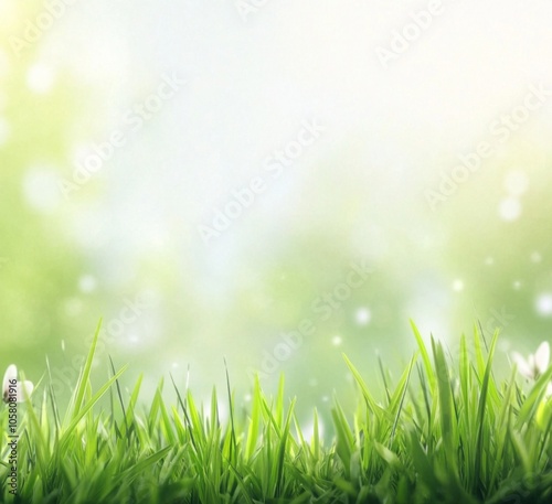 Blurred spring background with vibrant green grass and soft bokeh lights, ideal for nature-themed designs with 3D rendering and space for text.