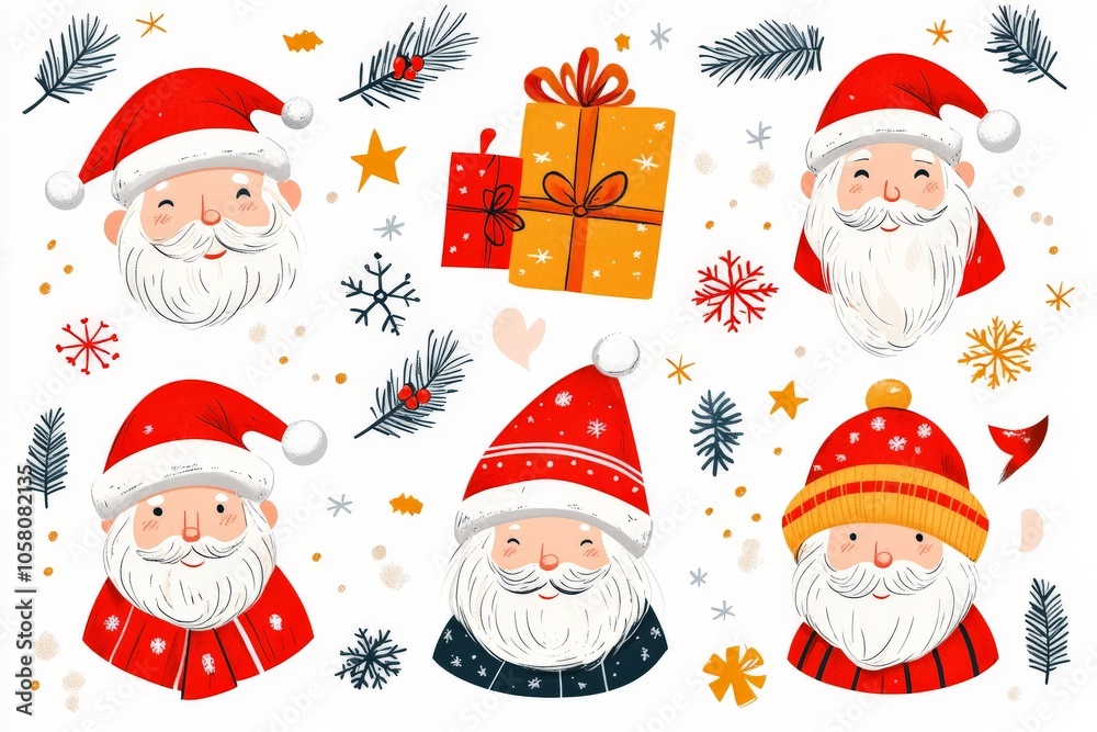 Seamless pattern of Santa Claus faces with red hats gifts and candy canes on a white background creating a cheerful and whimsical holiday theme Seamless pattern of Santa Claus faces with red hats gifts and candy canes on a white background creating a cheerful and whimsical holiday theme