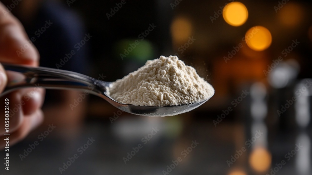 Fototapeta premium A silver spoon holds a heap of white powder, likely protein powder, against a blurred background.