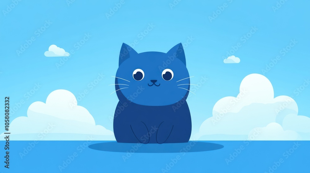 Fototapeta premium Cute blue cat sitting on a cloudy day with bright blue sky, illustrating the concept of blue monday
