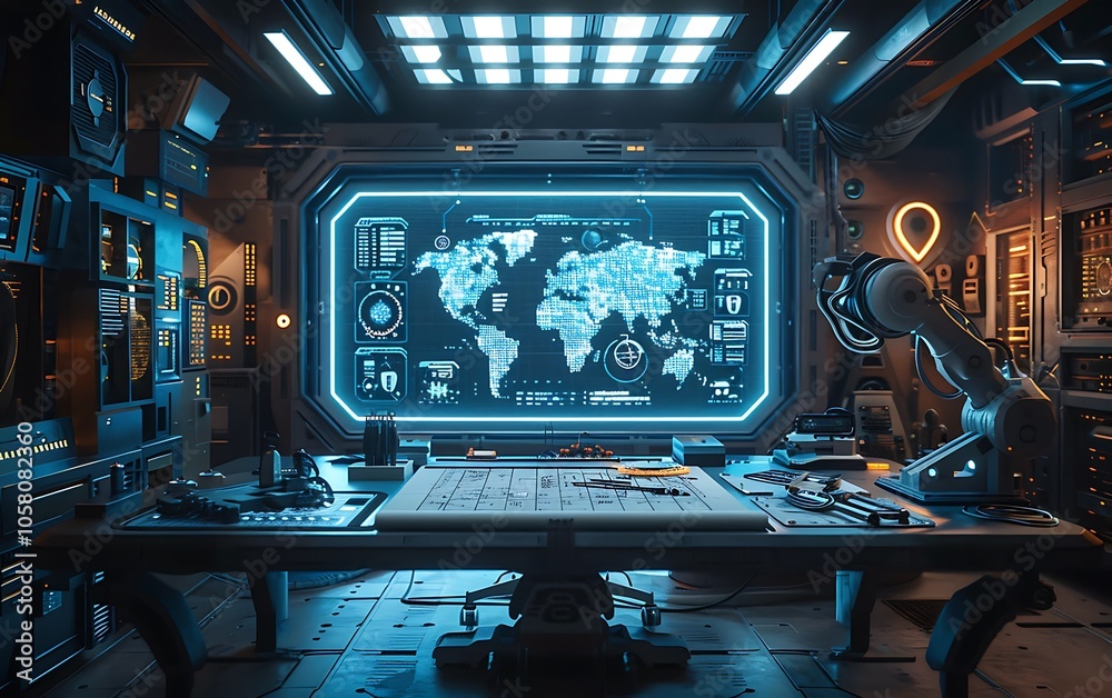 A futuristic control room featuring a large digital map, advanced technology, and a sleek design, illuminated by blue lighting. A futuristic control room featuring a large digital map, advanced technology, and a sleek design, illuminated by blue lighting.
