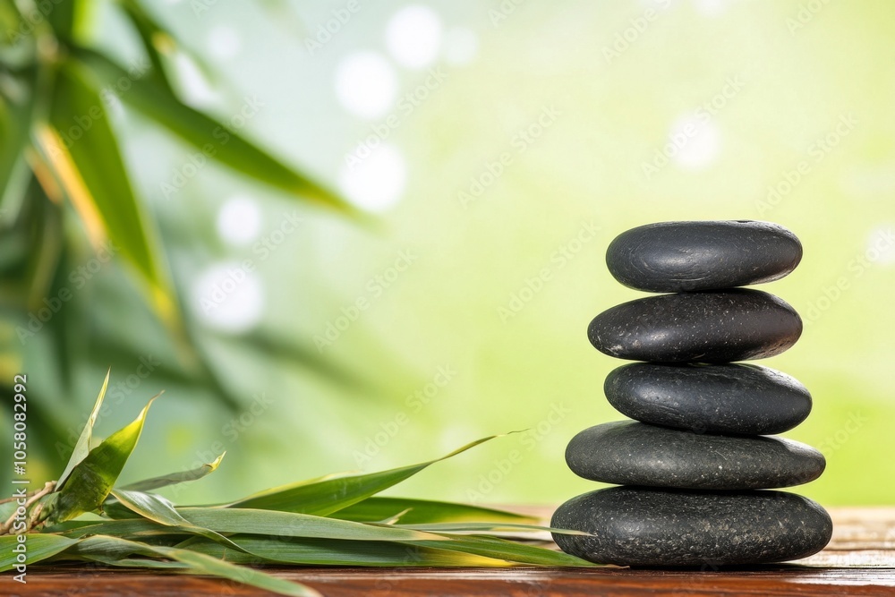 Zen stone stack with bamboo leaves on wooden table, serene spa concept banner with green background and ample copy space, capturing tranquility in boho style with smooth natural light. Zen stone stack with bamboo leaves on wooden table, serene spa concept banner with green background and ample copy space, capturing tranquility in boho style with smooth natural light.