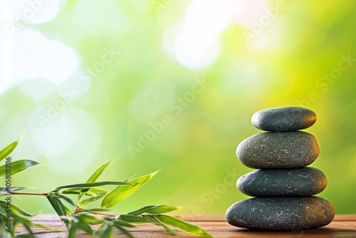 Zen stone stack with bamboo leaves on wooden table, serene spa concept banner with green background and ample copy space, capturing tranquility in boho style with smooth natural light.