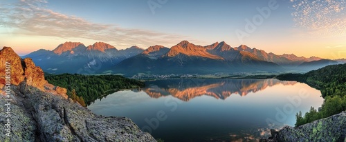 Panoramic sunrise view of the Tatra Mountains, high-resolution hyper-realistic scene showcasing natural beauty in rich detail, perfect for landscape and travel themes.