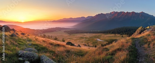 Panoramic sunrise view of the Tatra Mountains, high-resolution hyper-realistic scene showcasing natural beauty in rich detail, perfect for landscape and travel themes.