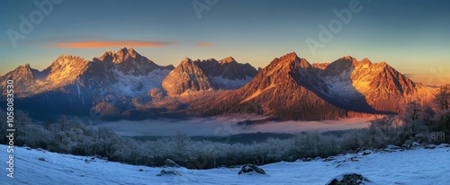Panoramic sunrise view of the Tatra Mountains, high-resolution hyper-realistic scene showcasing natural beauty in rich detail, perfect for landscape and travel themes.