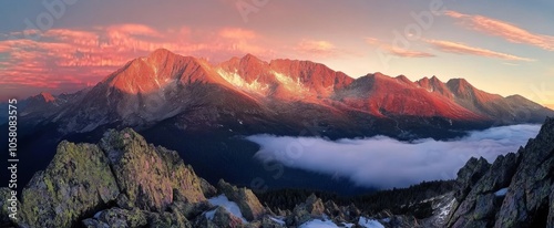 Panoramic sunrise view of the Tatra Mountains, high-resolution hyper-realistic scene showcasing natural beauty in rich detail, perfect for landscape and travel themes.