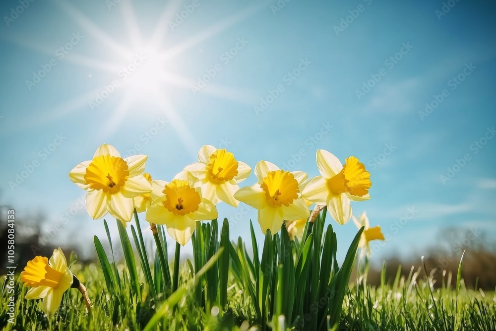 Yellow daffodils blooming in grassy field under blue sky with sun rays, capturing vibrant spring atmosphere Yellow daffodils blooming in grassy field under blue sky with sun rays, capturing vibrant spring atmosphere