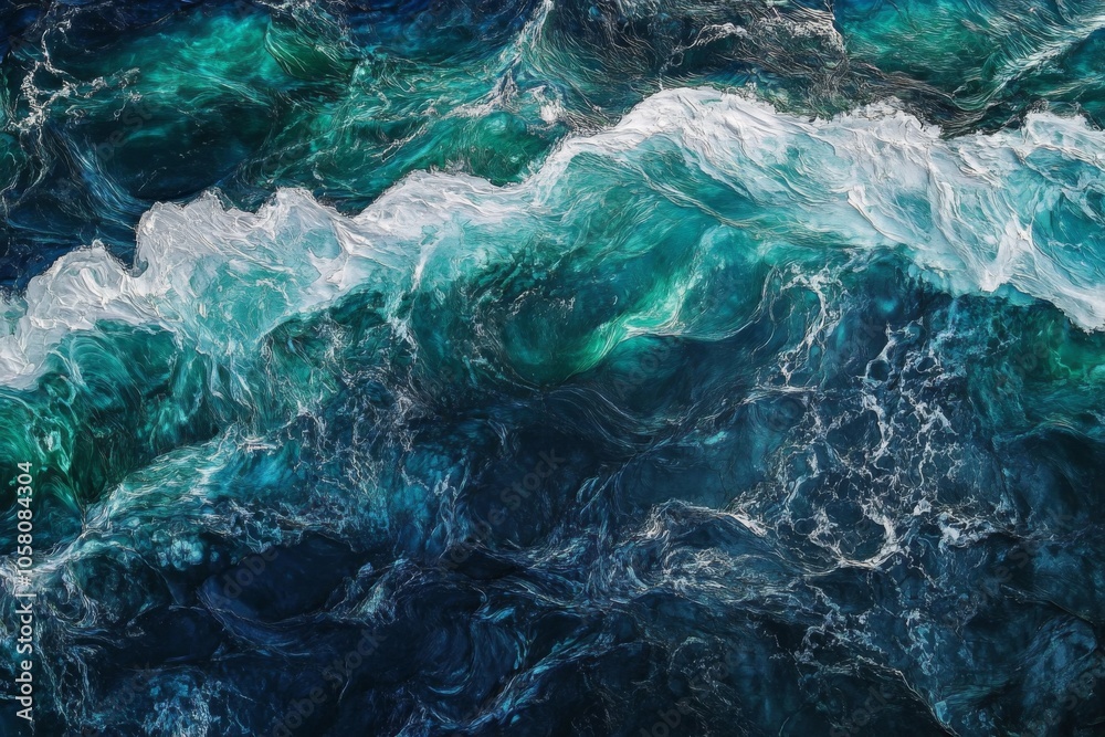 Aerial view of dynamic ocean waves with white foam, captured from above, showcasing swirling patterns in deep blues and greens Aerial view of dynamic ocean waves with white foam, captured from above, showcasing swirling patterns in deep blues and greens