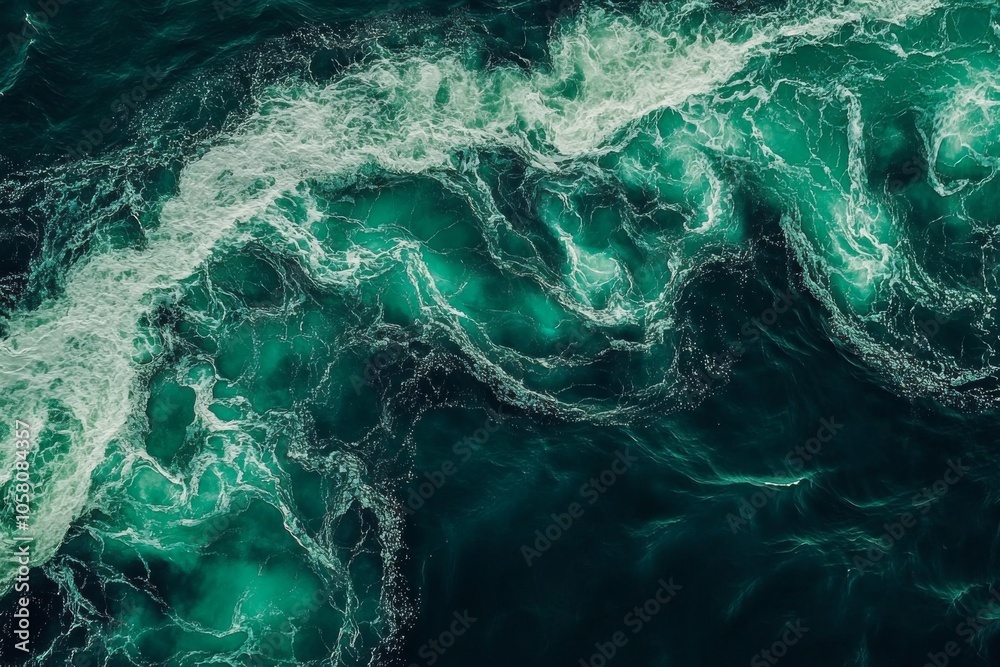 Aerial view of dynamic ocean waves with white foam, captured from above, showcasing swirling patterns in deep blues and greens Aerial view of dynamic ocean waves with white foam, captured from above, showcasing swirling patterns in deep blues and greens
