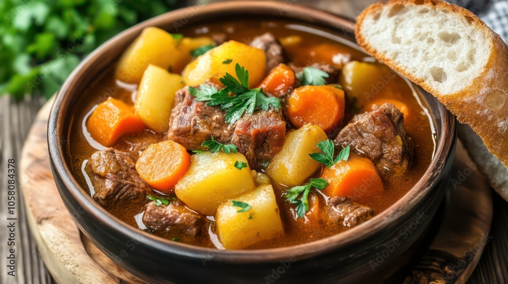 A hearty bowl of beef stew with potatoes, carrots, and parsley, garnished with fresh parsley and served with a slice of bread. A hearty bowl of beef stew with potatoes, carrots, and parsley, garnished with fresh parsley and served with a slice of bread.