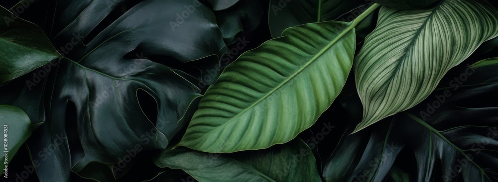Dark tropical foliage with lush green leaves, showcasing detailed textures in a natural background. Dark tropical foliage with lush green leaves, showcasing detailed textures in a natural background.