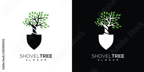 illustration of logo design of shovel tree. gardening logo concept shovel and nature tree