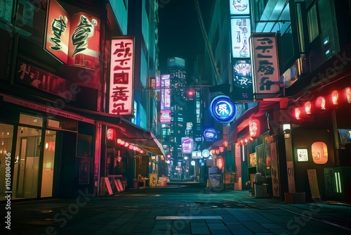 Vibrant Tokyo street at night illuminated by neon lights and signs, showcasing a futuristic cityscape in hyper-realistic photography that captures the energy and vibrancy of urban life.