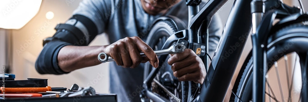 Black person repairing an e-bike. Close-up of a mechanic handling modern electric bicycle technology. Black person repairing an e-bike. Close-up of a mechanic handling modern electric bicycle technology.
