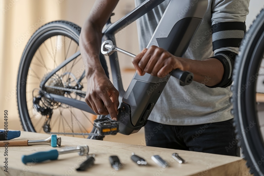 Black person repairing an e-bike. Close-up of a mechanic handling modern electric bicycle technology. Black person repairing an e-bike. Close-up of a mechanic handling modern electric bicycle technology.