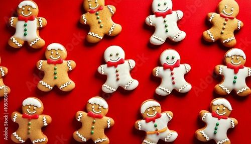 Gingerbread man cookies background pattern on a red background