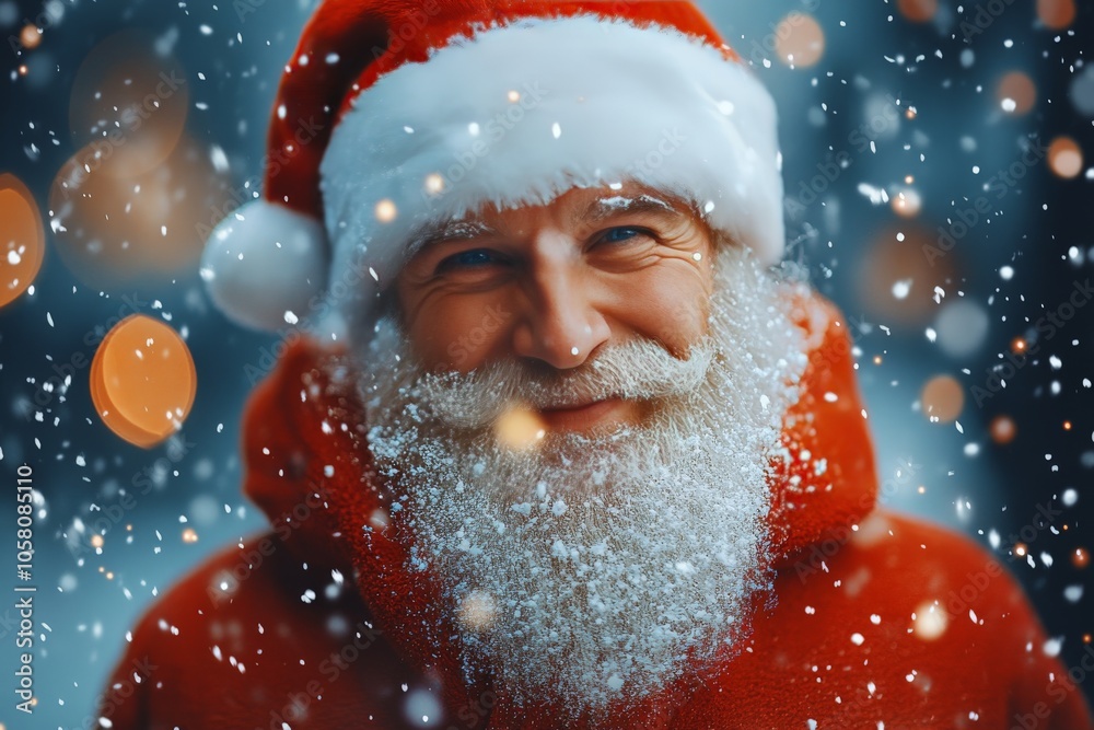 Smiling Santa Claus portrait in a snowy outdoor setting embodying the cheerful holiday spirit with festive attire and a joyful expression perfect for holiday themed media Smiling Santa Claus portrait in a snowy outdoor setting embodying the cheerful holiday spirit with festive attire and a joyful expression perfect for holiday themed media