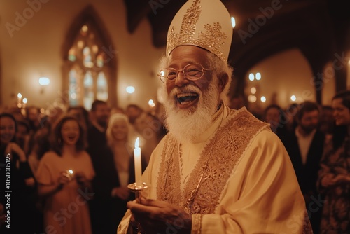 Bishop holding a lit candle inside a church during a holiday service surrounded by congregants evoking reverence warmth and spirituality in a serene holiday setting photo