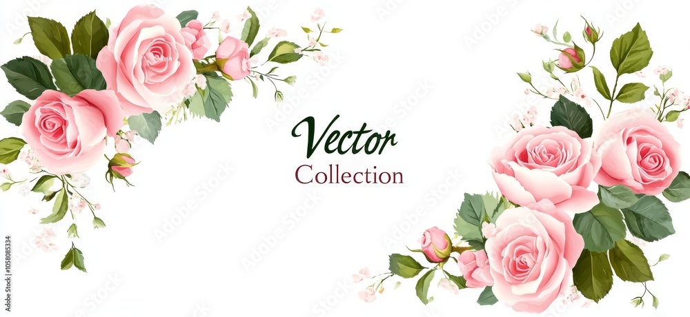 Vector floral elements featuring pink roses and green leaves on a white background, showcasing a romantic design with pastel colors and watercolor illustration, ideal for clip art. Vector floral elements featuring pink roses and green leaves on a white background, showcasing a romantic design with pastel colors and watercolor illustration, ideal for clip art.