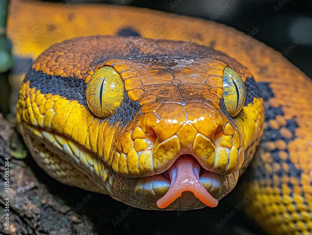 Snake close-up with yellow eyes and tongue pulled out Snake close-up with yellow eyes and tongue pulled out