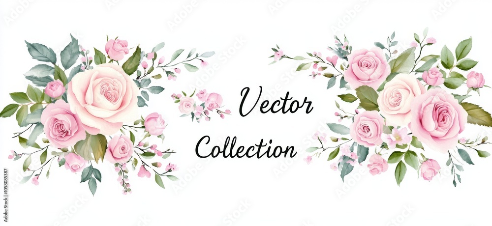 Vector floral elements featuring pink roses and green leaves on a white background, showcasing a romantic design with pastel colors and watercolor illustration, ideal for clip art. Vector floral elements featuring pink roses and green leaves on a white background, showcasing a romantic design with pastel colors and watercolor illustration, ideal for clip art.