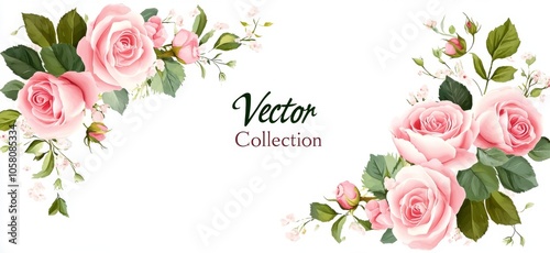 Vector floral elements featuring pink roses and green leaves on a white background, showcasing a romantic design with pastel colors and watercolor illustration, ideal for clip art.