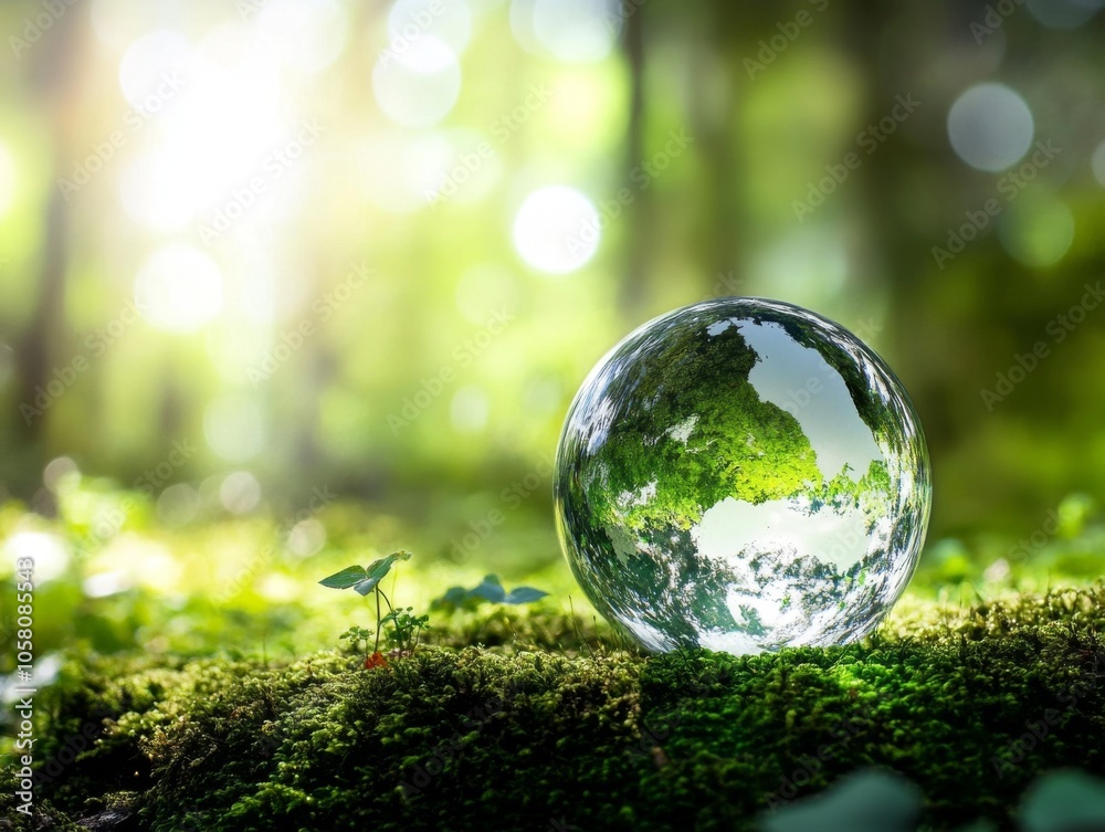 Glass globe resting on mossy ground in a forest, surrounded by a blurred green background, symbolizing an eco-friendly concept and commitment to environmental protection. Glass globe resting on mossy ground in a forest, surrounded by a blurred green background, symbolizing an eco-friendly concept and commitment to environmental protection.