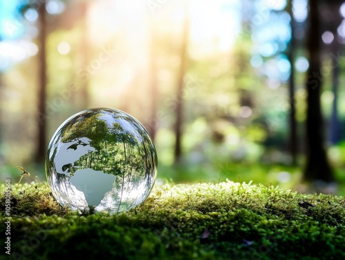 Glass globe resting on mossy ground in a forest, surrounded by a blurred green background, symbolizing an eco-friendly concept and commitment to environmental protection.