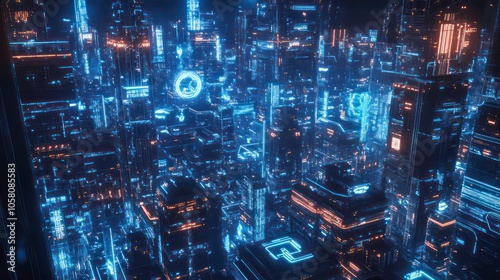 A futuristic cityscape with glowing neon lights and holographic signs.