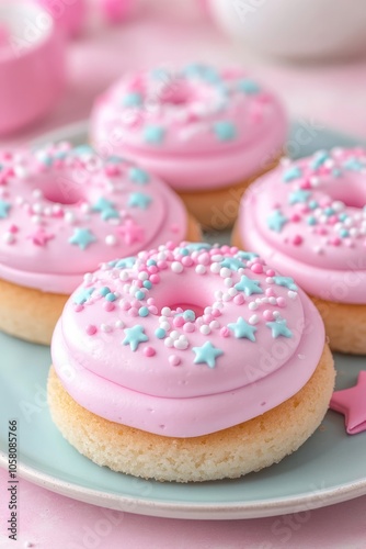 Four pink frosted donuts with white and blue sprinkles on a blue plate. photo