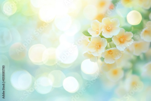 Dreamy pastel background with blurred light effects in soft colors of light blue and yellow, creating a serene and beautiful atmosphere reminiscent of a sunny day.