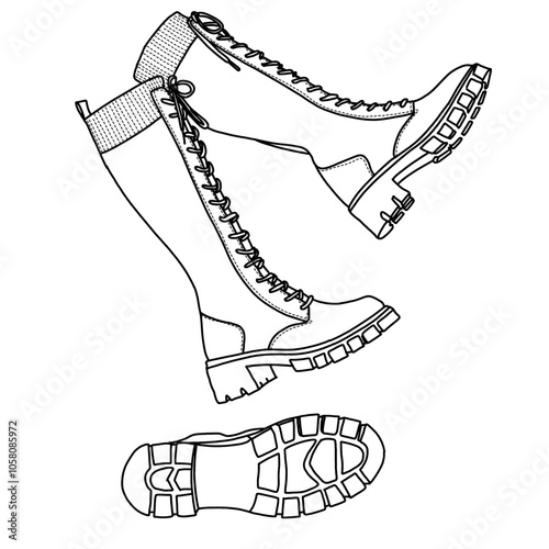 Women's Lace Platform Combat Knee High Boots with Comfort Chunky Heel Line art, Technical sketch hand drawing outline vector doodle illustration side and bottom view isolated on white background