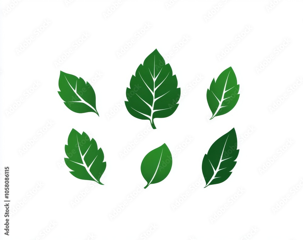 Green leaf icons isolated on a white background, designed as simple shapes in a flat color style, suitable for eco-friendly product packaging or natural brand logo templates. Green leaf icons isolated on a white background, designed as simple shapes in a flat color style, suitable for eco-friendly product packaging or natural brand logo templates.