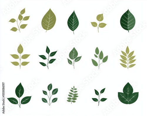 Green leaf icons isolated on a white background, designed as simple shapes in a flat color style, suitable for eco-friendly product packaging or natural brand logo templates.