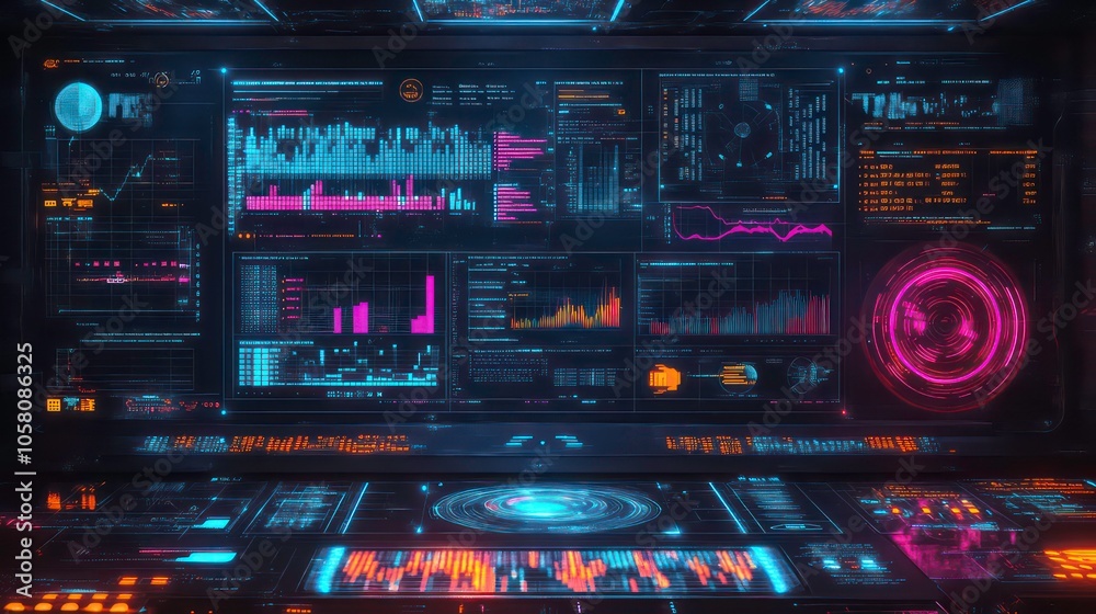 Futuristic control panel with glowing digital interface displaying data. Futuristic control panel with glowing digital interface displaying data.
